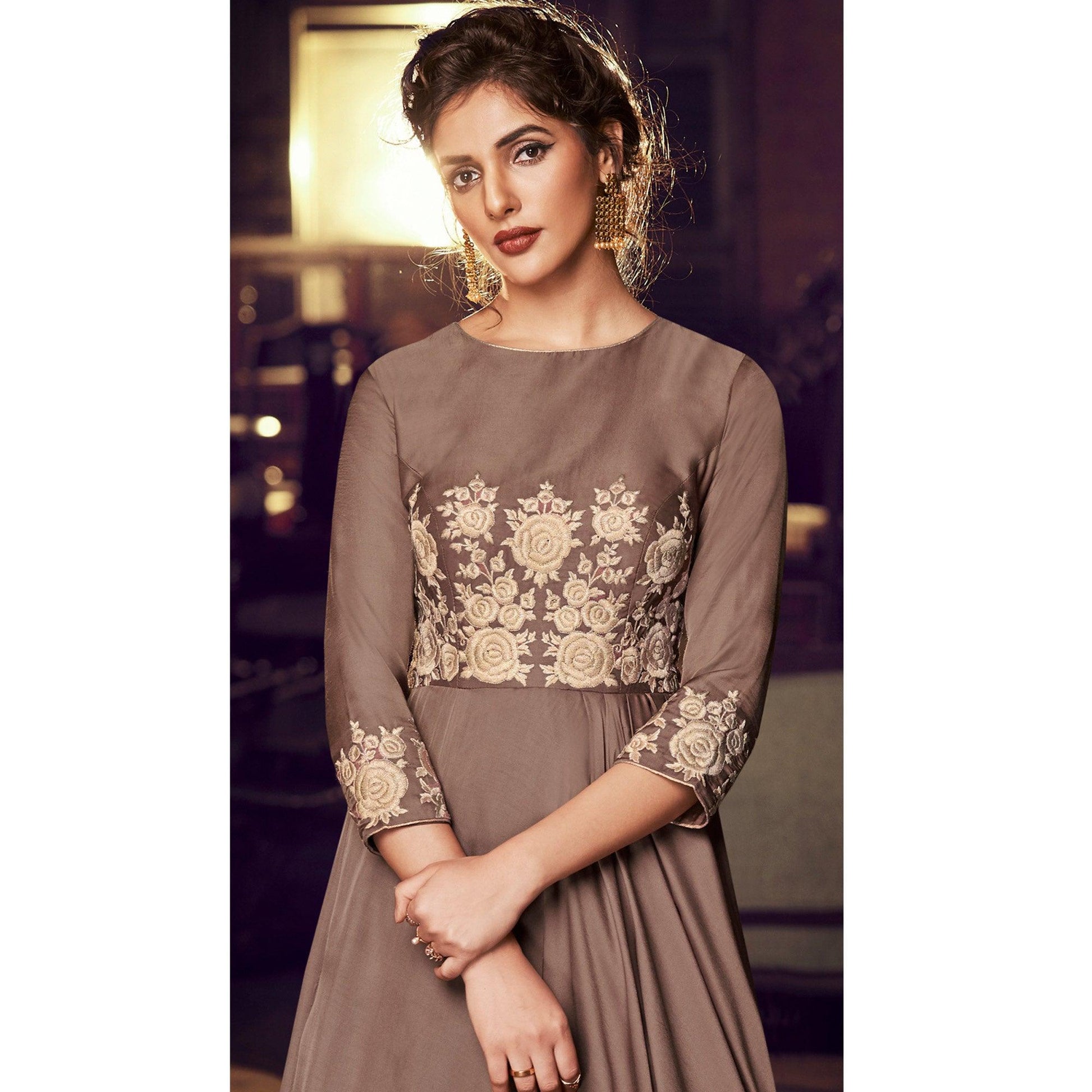 Exclusive Brown Colored Partywear Embroidered Modal Satin Gown With Dupatta