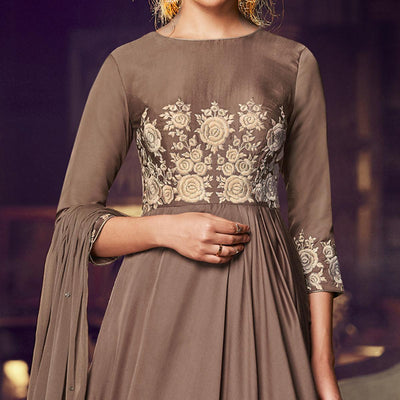 Exclusive Brown Colored Partywear Embroidered Modal Satin Gown With Dupatta