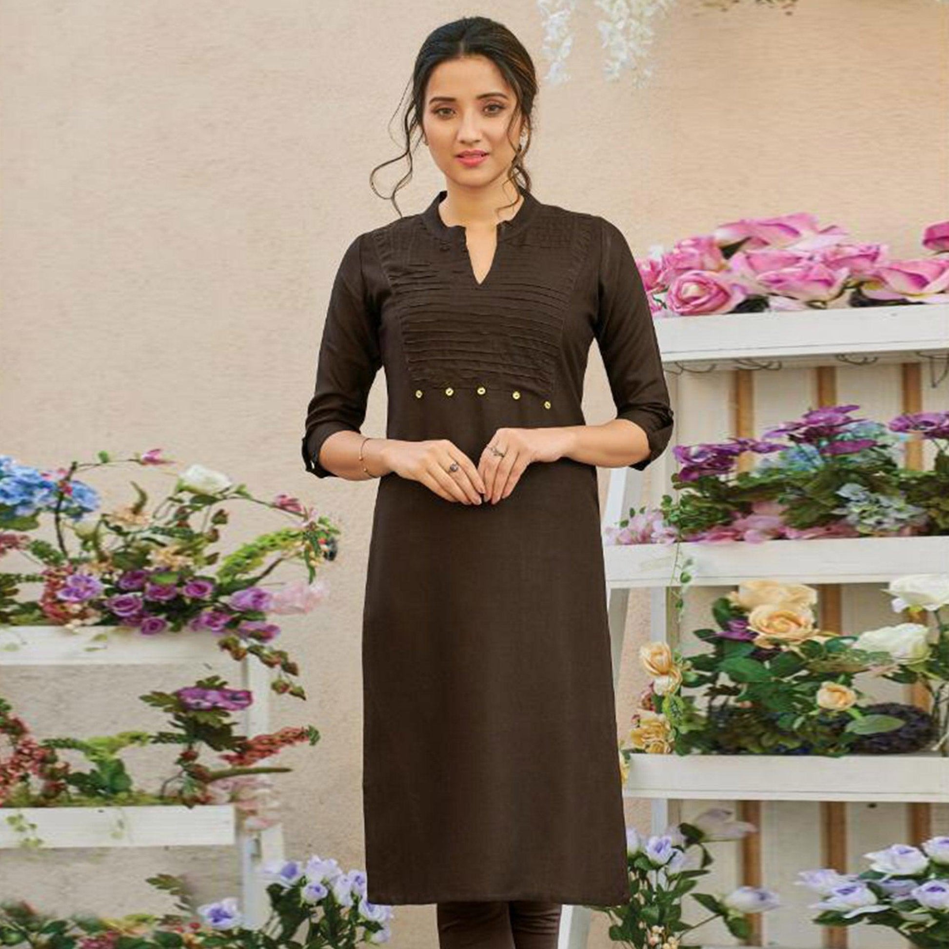 Exclusive Coffee Brown Colored Casual Wear Solid Pure Rayon Kurti