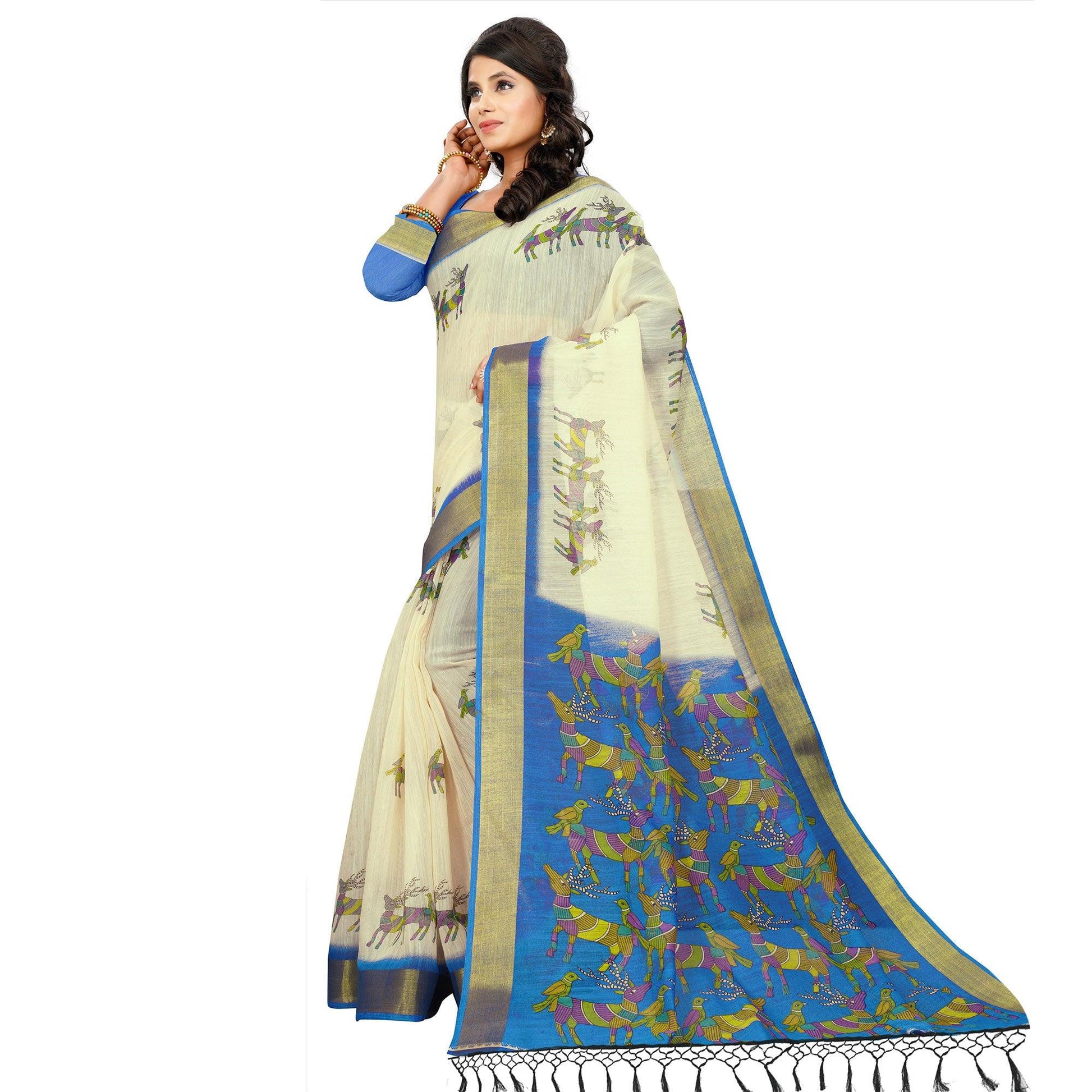Exclusive Cream - Blue Colored Casual Wear Digital Printed Cotton Saree