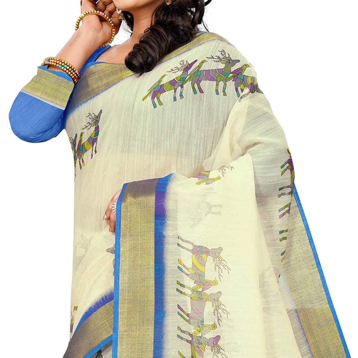 Exclusive Cream - Blue Colored Casual Wear Digital Printed Cotton Saree
