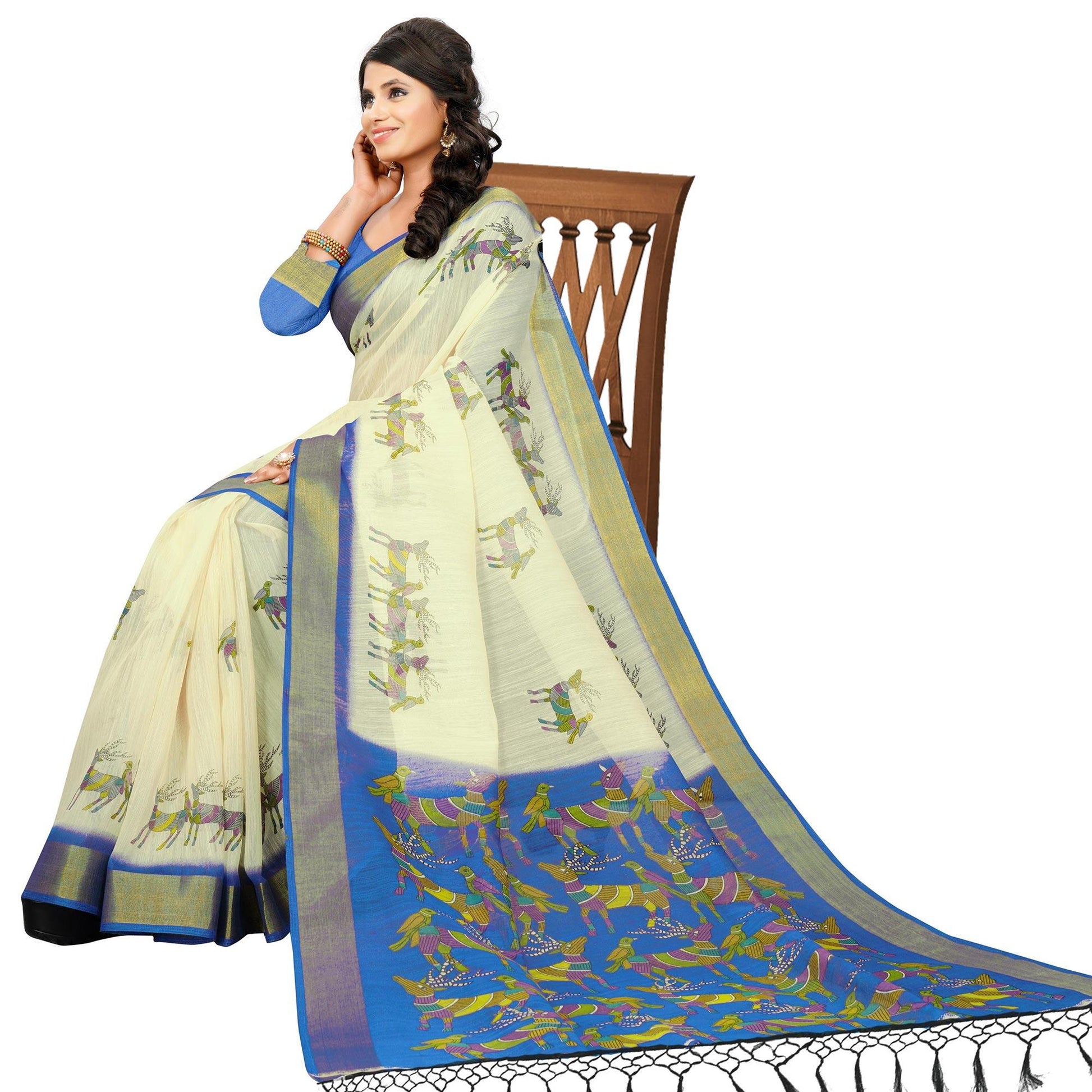 Exclusive Cream - Blue Colored Casual Wear Digital Printed Cotton Saree