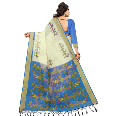 Exclusive Cream - Blue Colored Casual Wear Digital Printed Cotton Saree