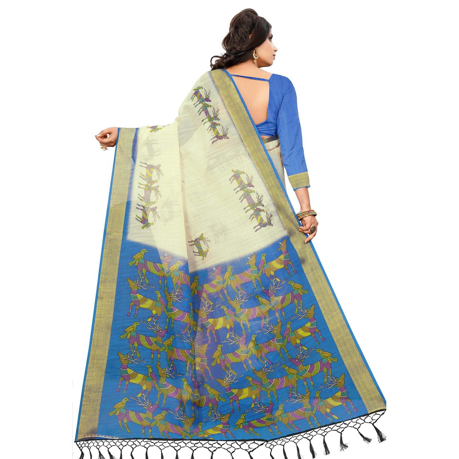 Exclusive Cream - Blue Colored Casual Wear Digital Printed Cotton Saree