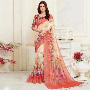 Exclusive Cream Colored Casual Digital Printed Linen Saree