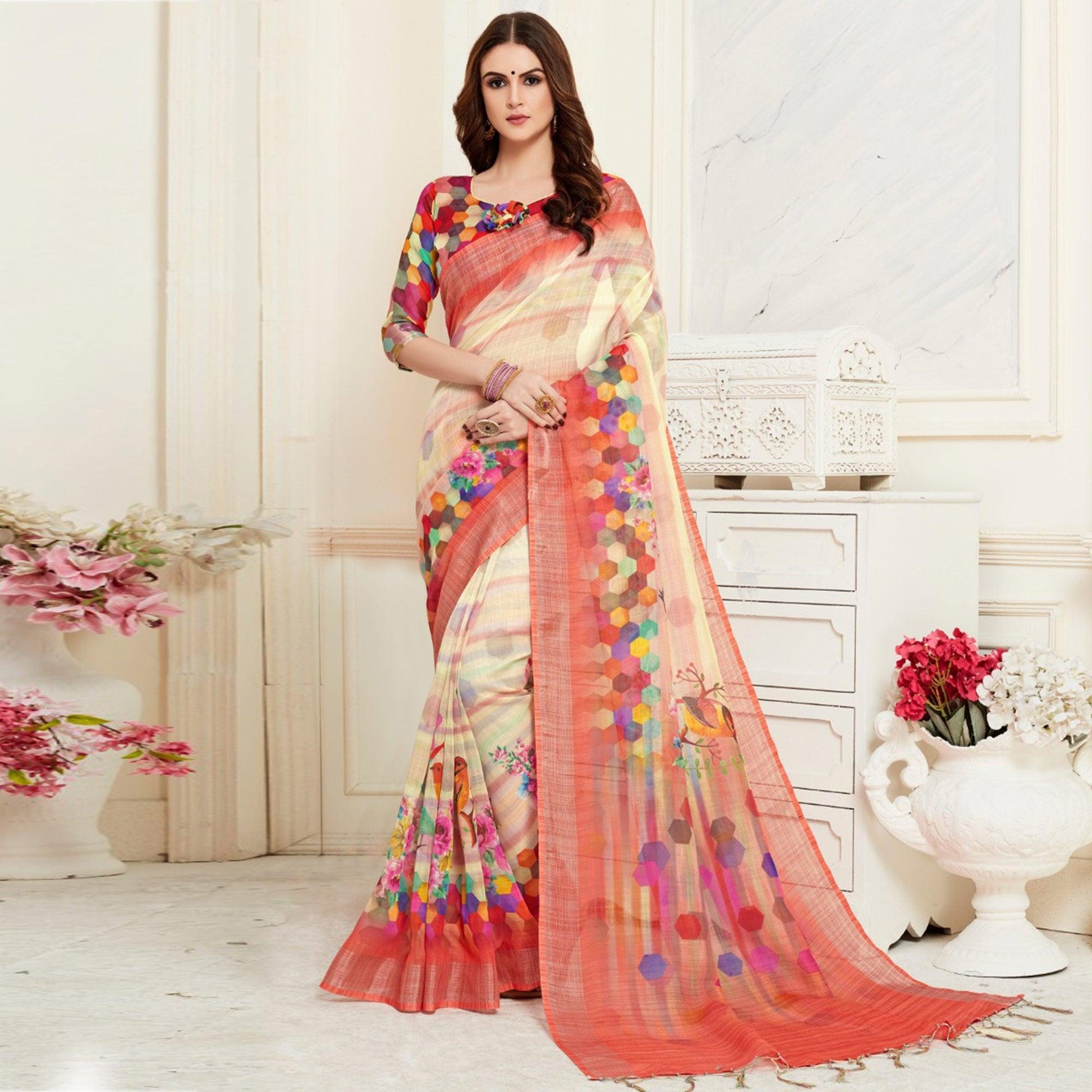 Exclusive Cream Colored Casual Digital Printed Linen Saree