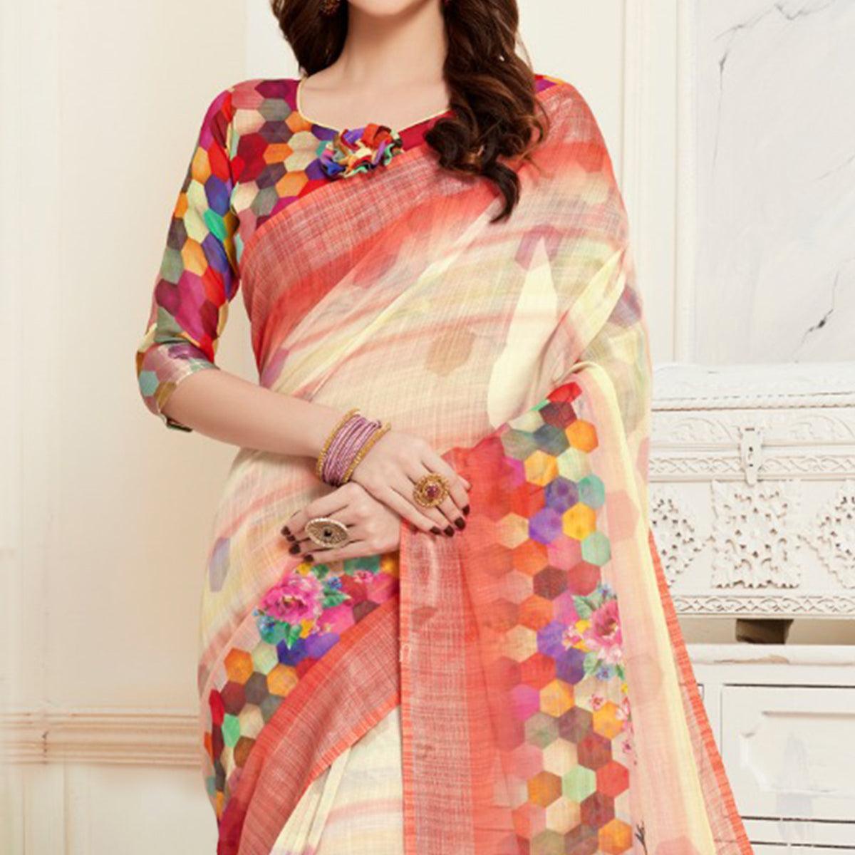Exclusive Cream Colored Casual Digital Printed Linen Saree