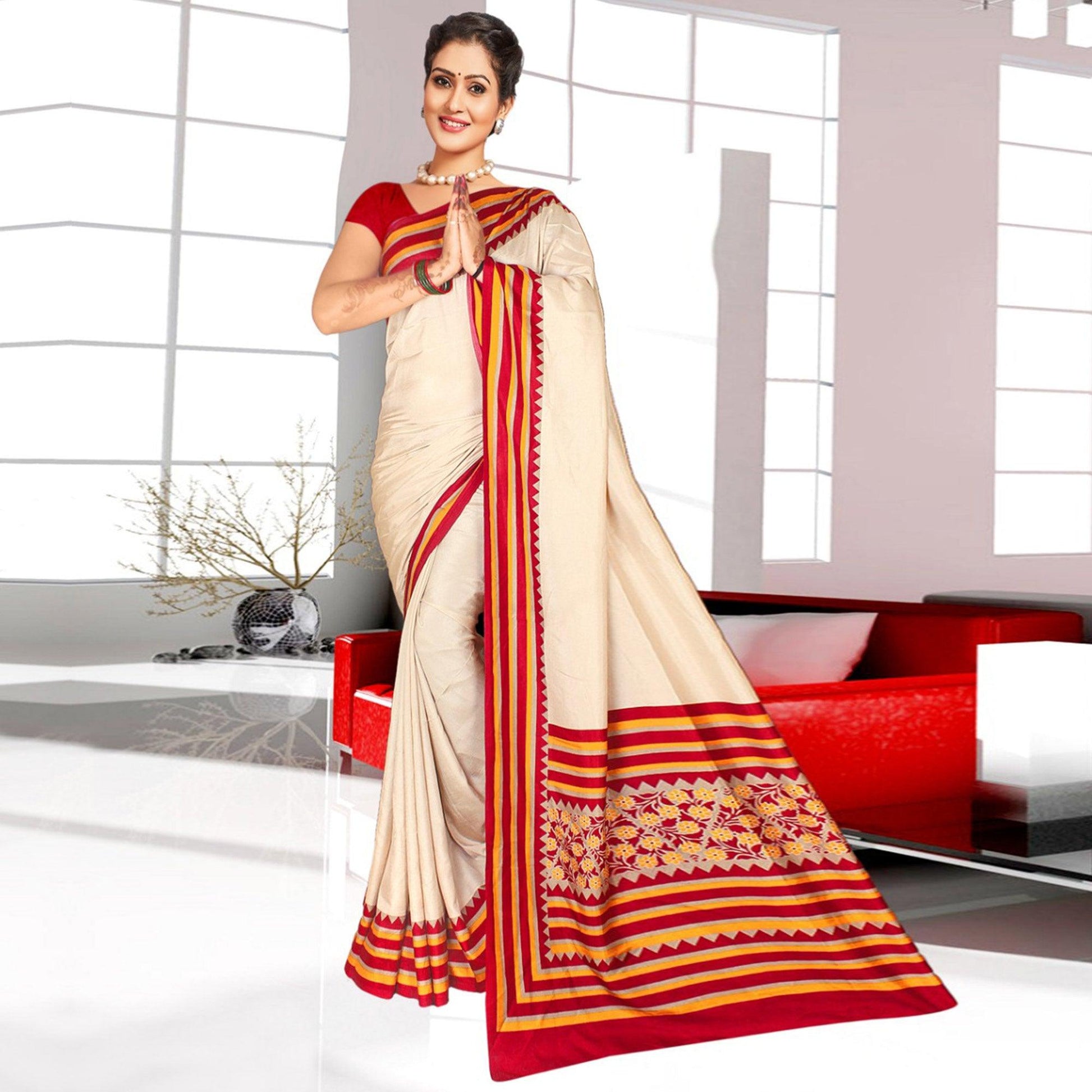 Exclusive Cream-Red Colored Casual Printed Tussar Silk Saree