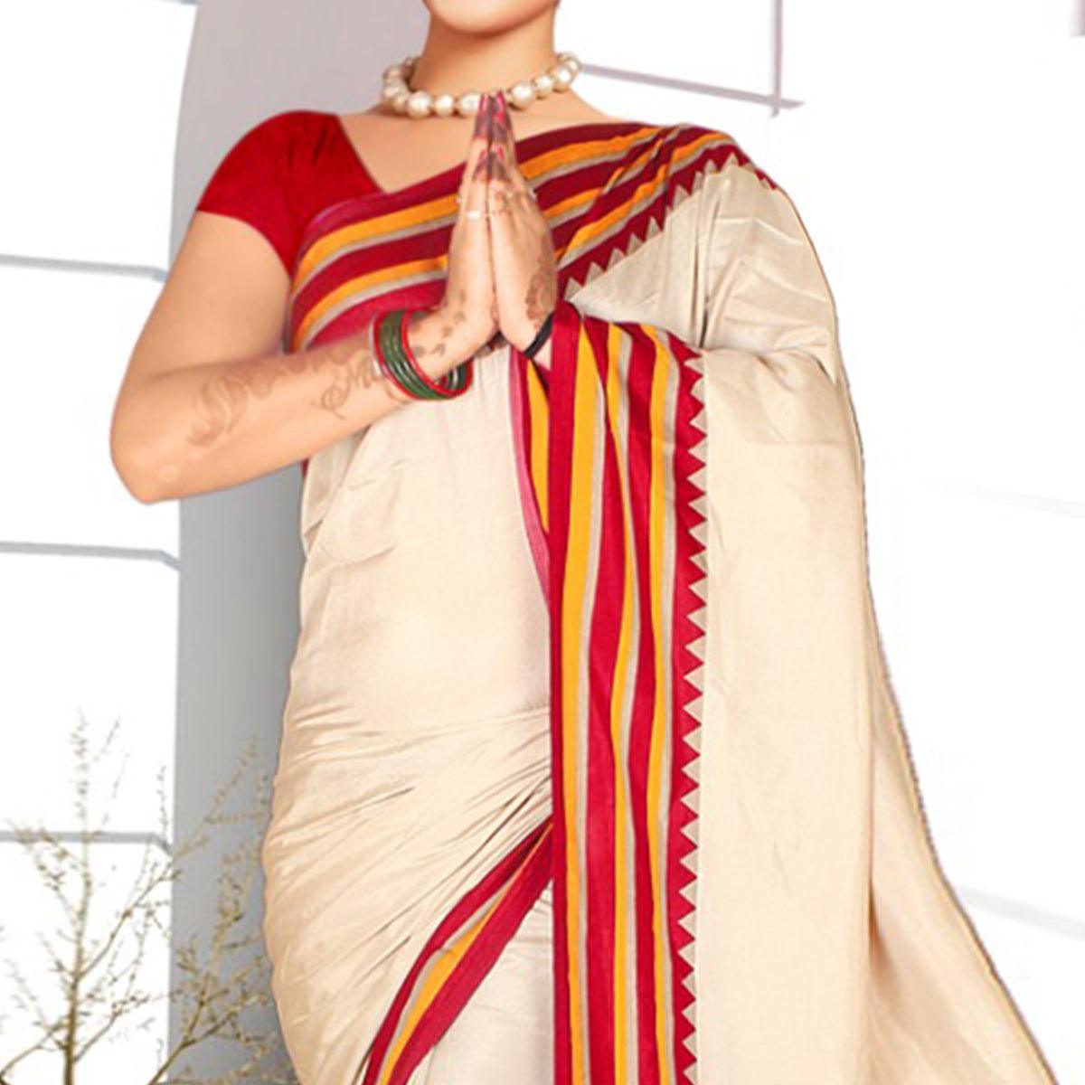 Exclusive Cream-Red Colored Casual Printed Tussar Silk Saree