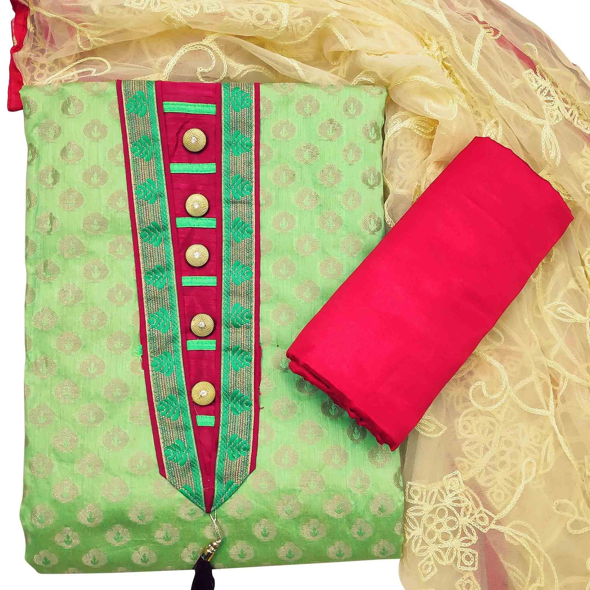 Exclusive Green Colored Festive Wear Woven Heavy Banarasi Silk Dress Material