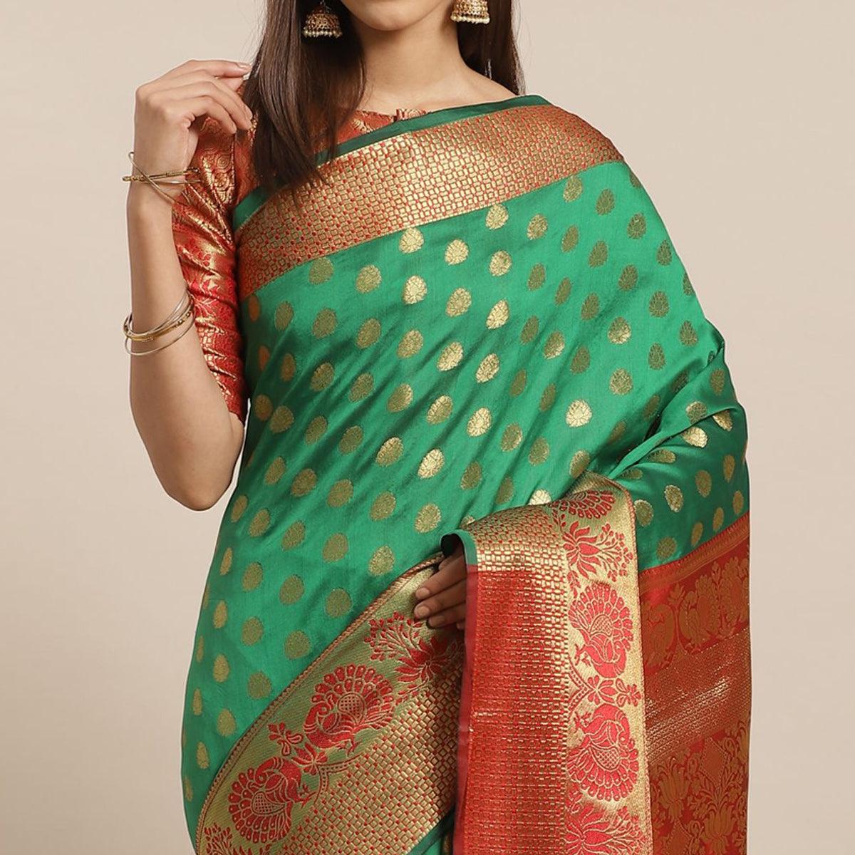 Exclusive Green - Red Colored Festive Wear Woven Silk Blend Saree
