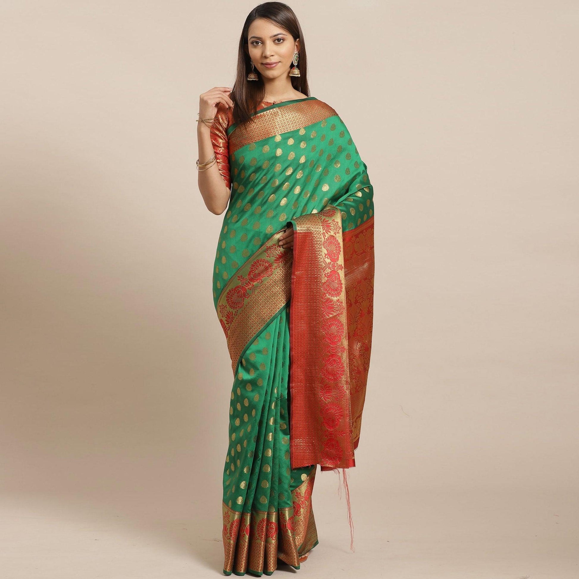 Exclusive Green - Red Colored Festive Wear Woven Silk Blend Saree