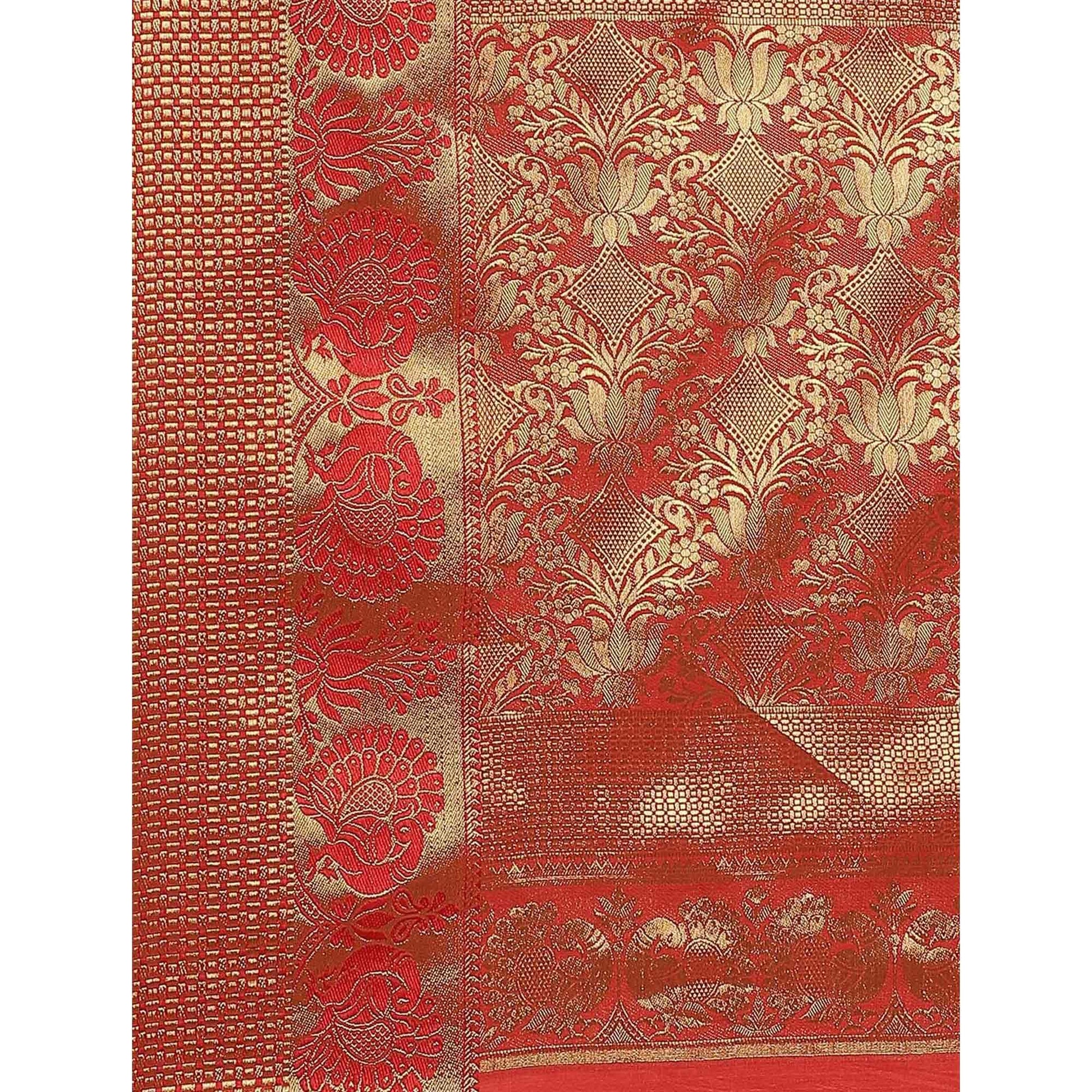 Exclusive Green - Red Colored Festive Wear Woven Silk Blend Saree