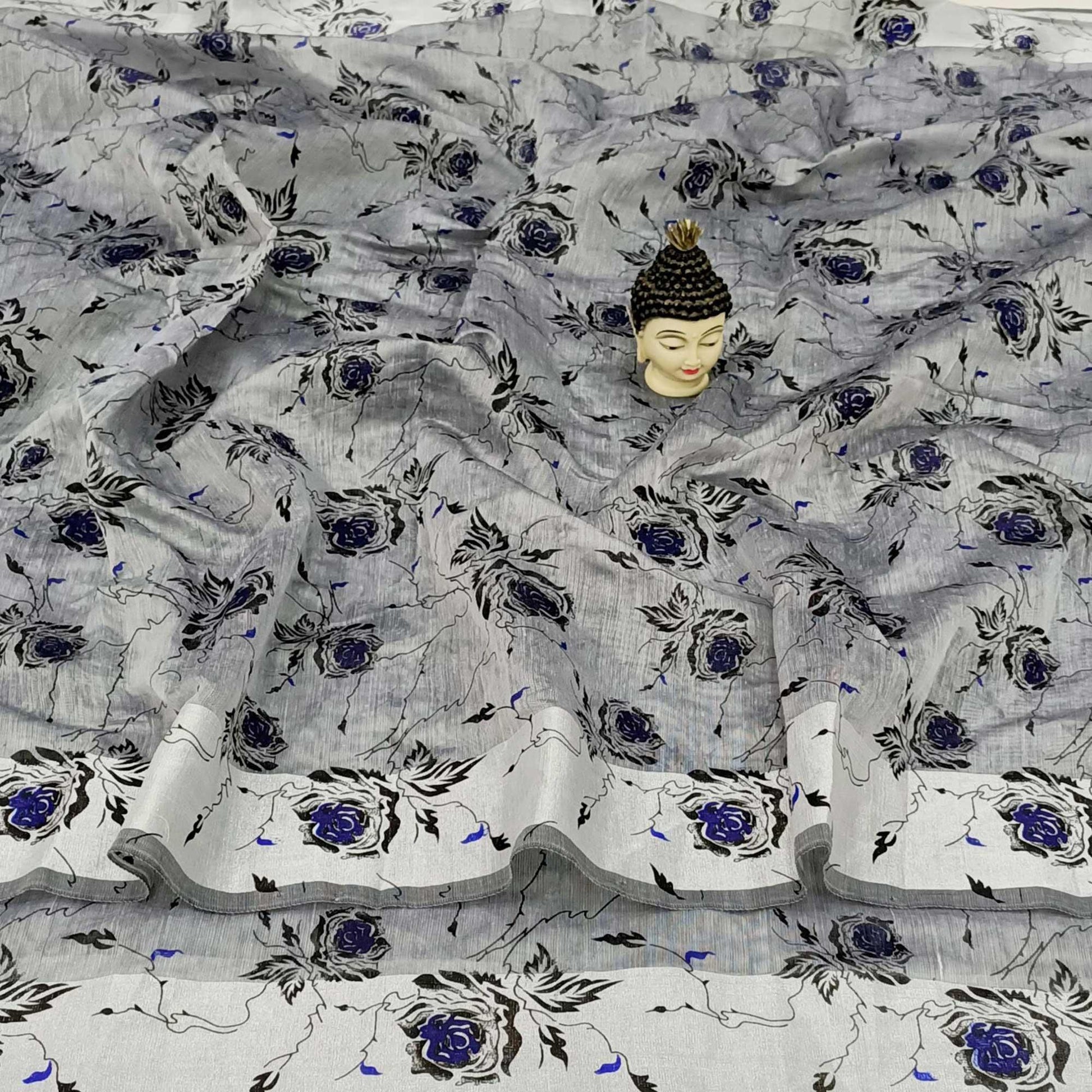 Exclusive Grey Colored Casual Wear Floral Block Printed Cotton Linen Saree