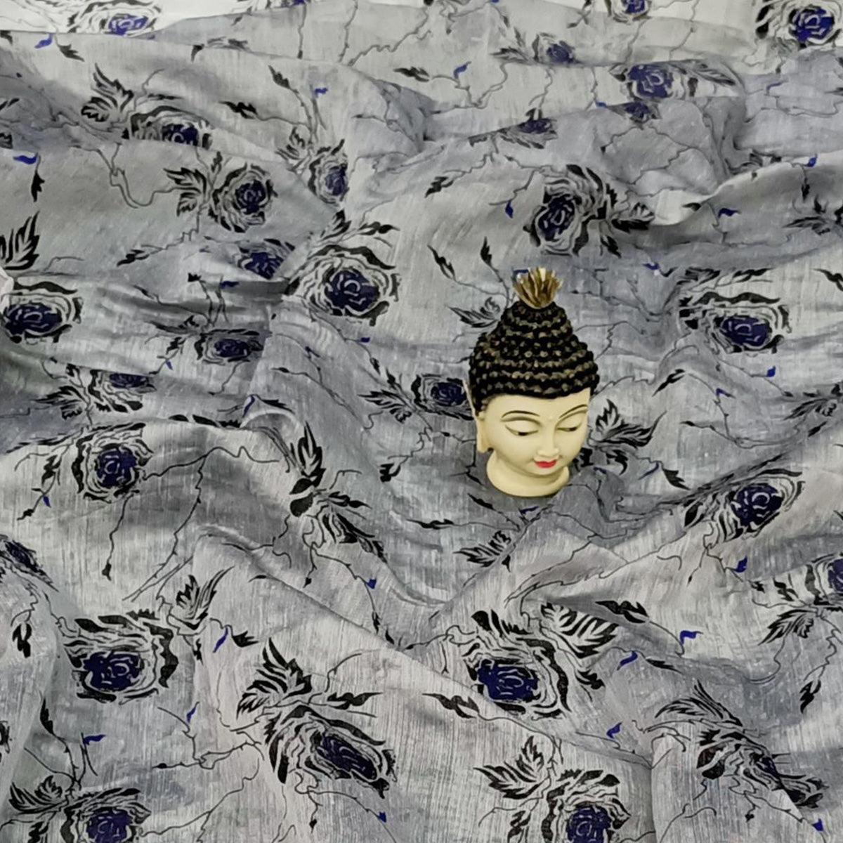 Exclusive Grey Colored Casual Wear Floral Block Printed Cotton Linen Saree