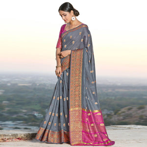 Exclusive Grey Colored Festive Wear Woven Cotton Handloom Saree