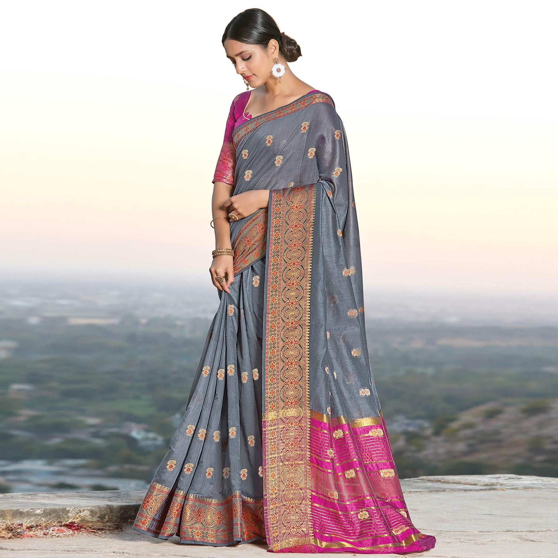 Exclusive Grey Colored Festive Wear Woven Cotton Handloom Saree