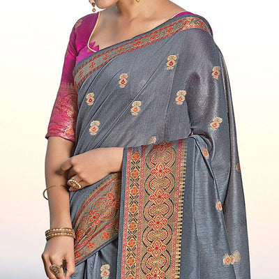 Exclusive Grey Colored Festive Wear Woven Cotton Handloom Saree