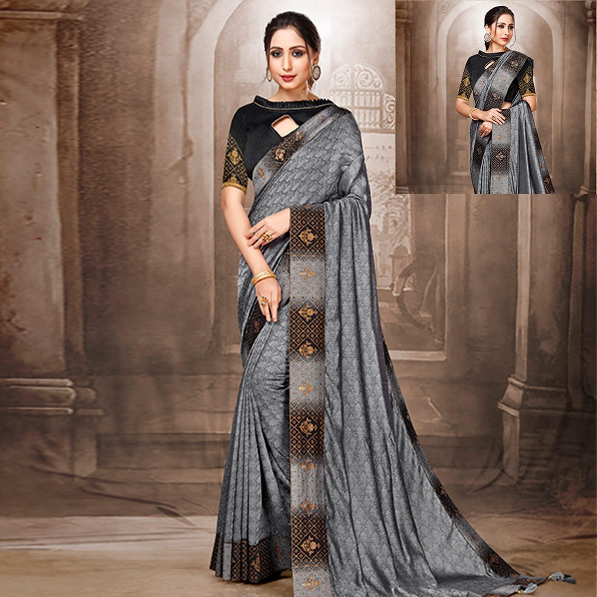 Exclusive Grey Colored Festive Wear Woven Silk Saree