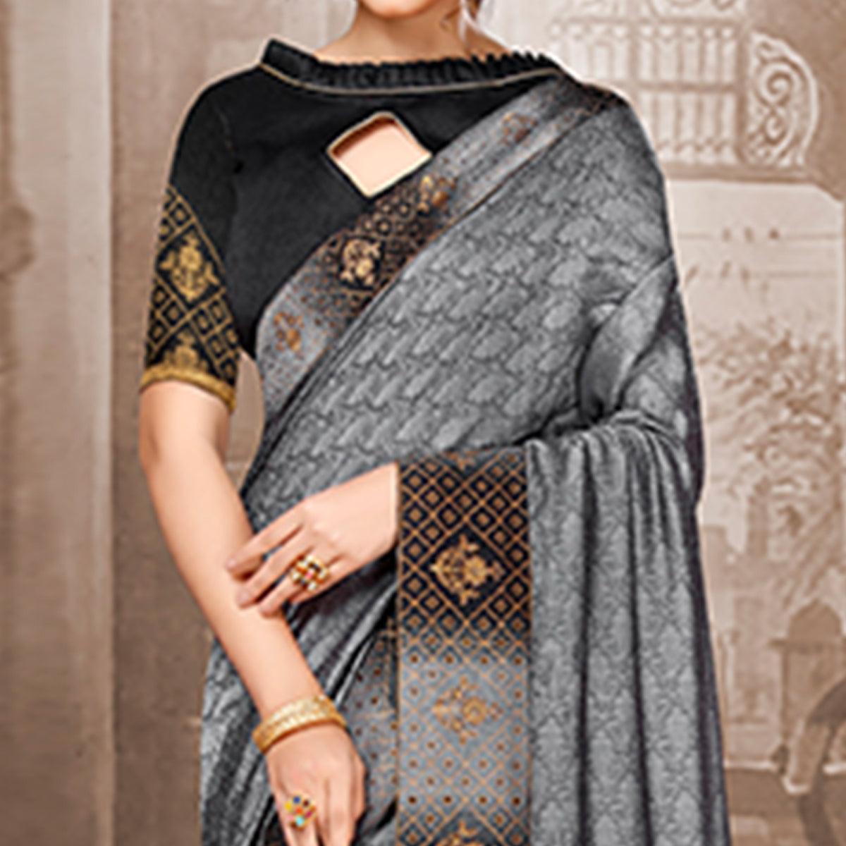 Exclusive Grey Colored Festive Wear Woven Silk Saree