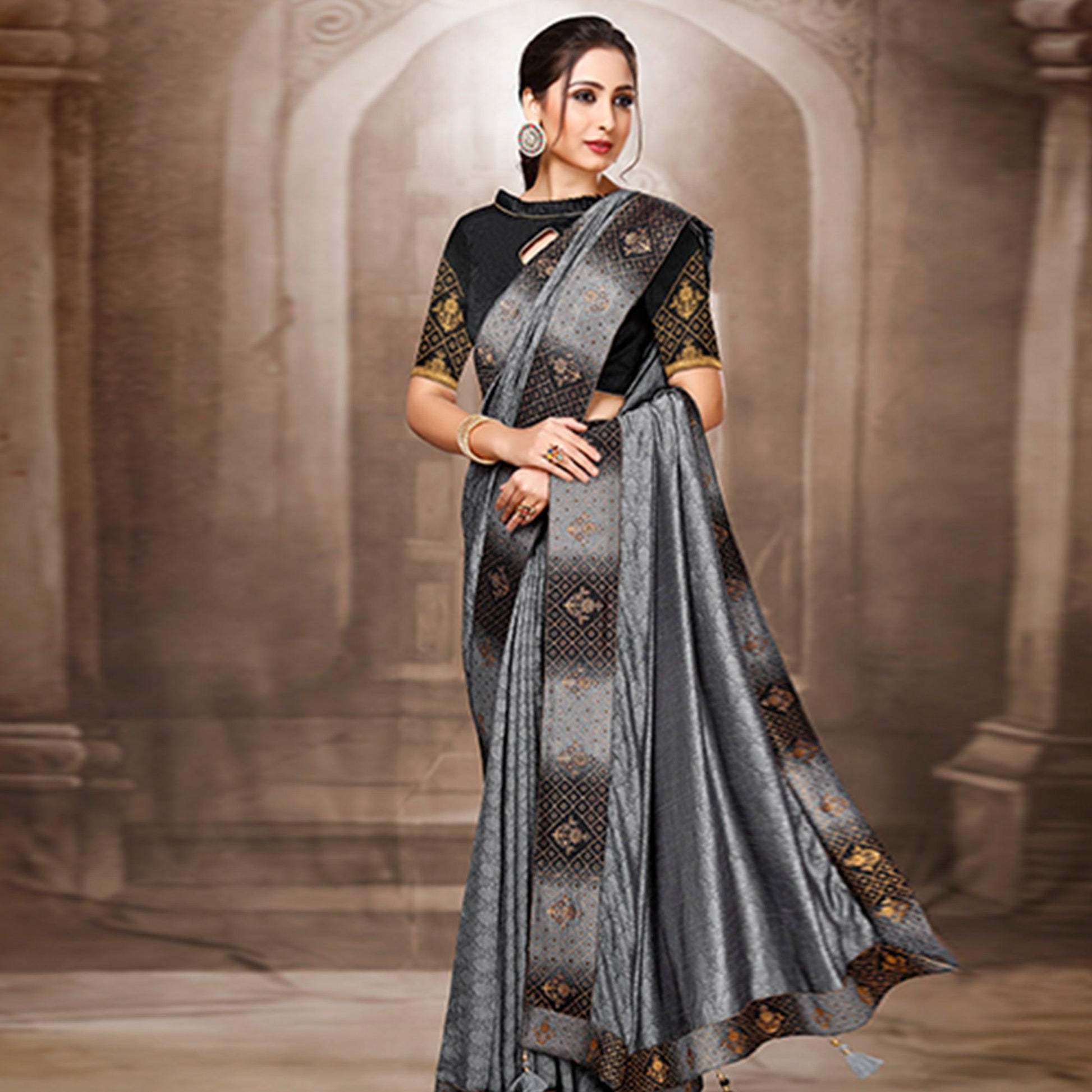 Exclusive Grey Colored Festive Wear Woven Silk Saree