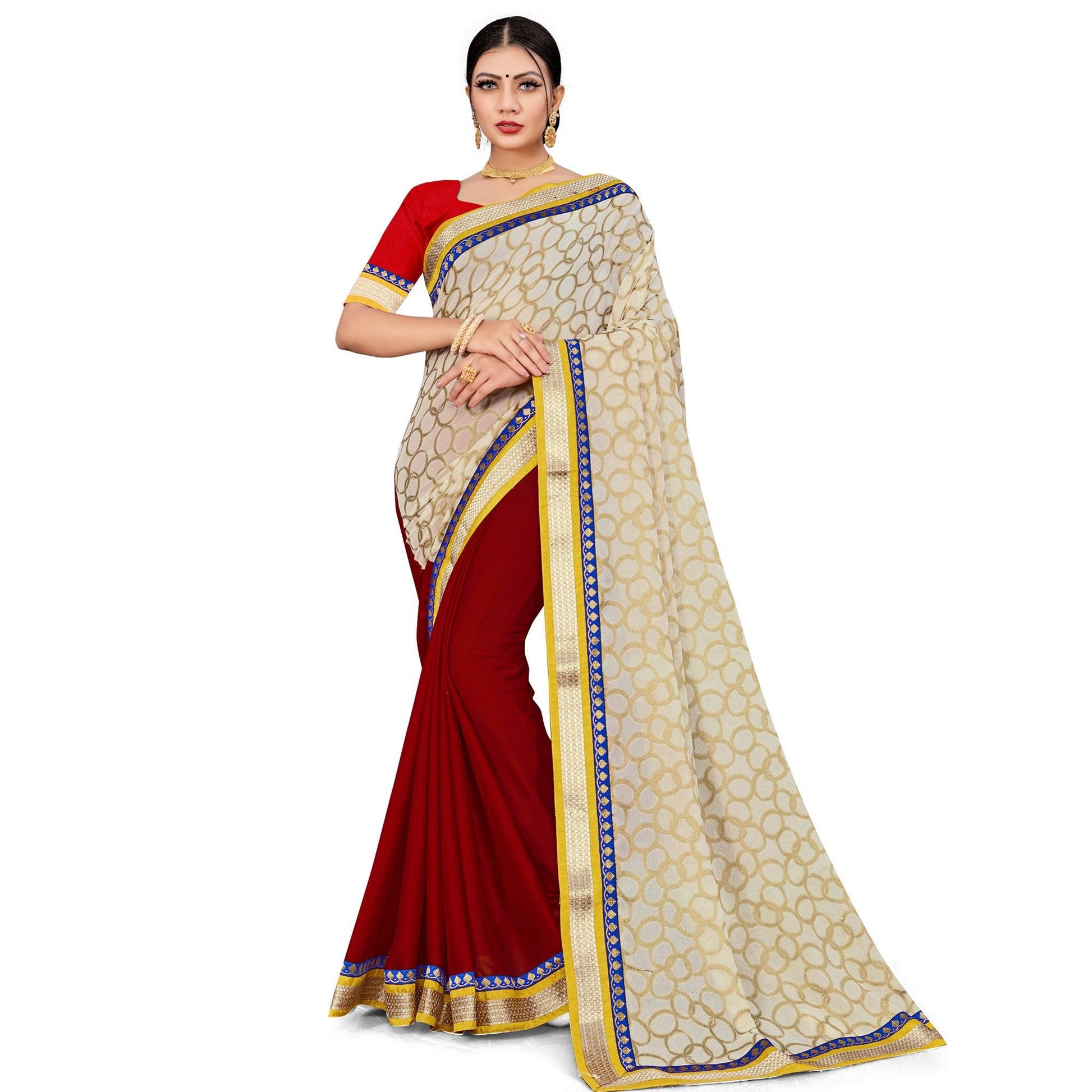 Exclusive Maroon-Cream Colored party Wear Georgette Half-Half Saree
