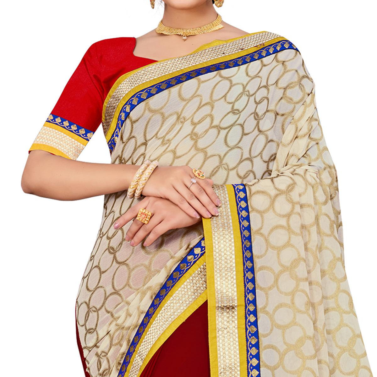 Exclusive Maroon-Cream Colored party Wear Georgette Half-Half Saree