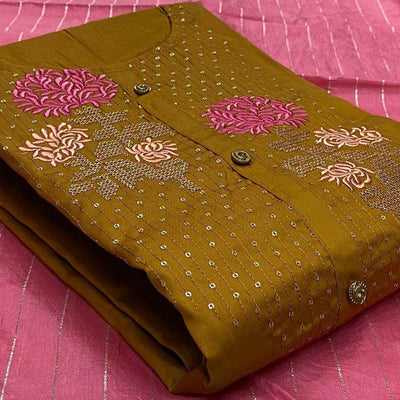 Exclusive Mustard Yellow Colored Casual Embroidered Cotton Dress Material