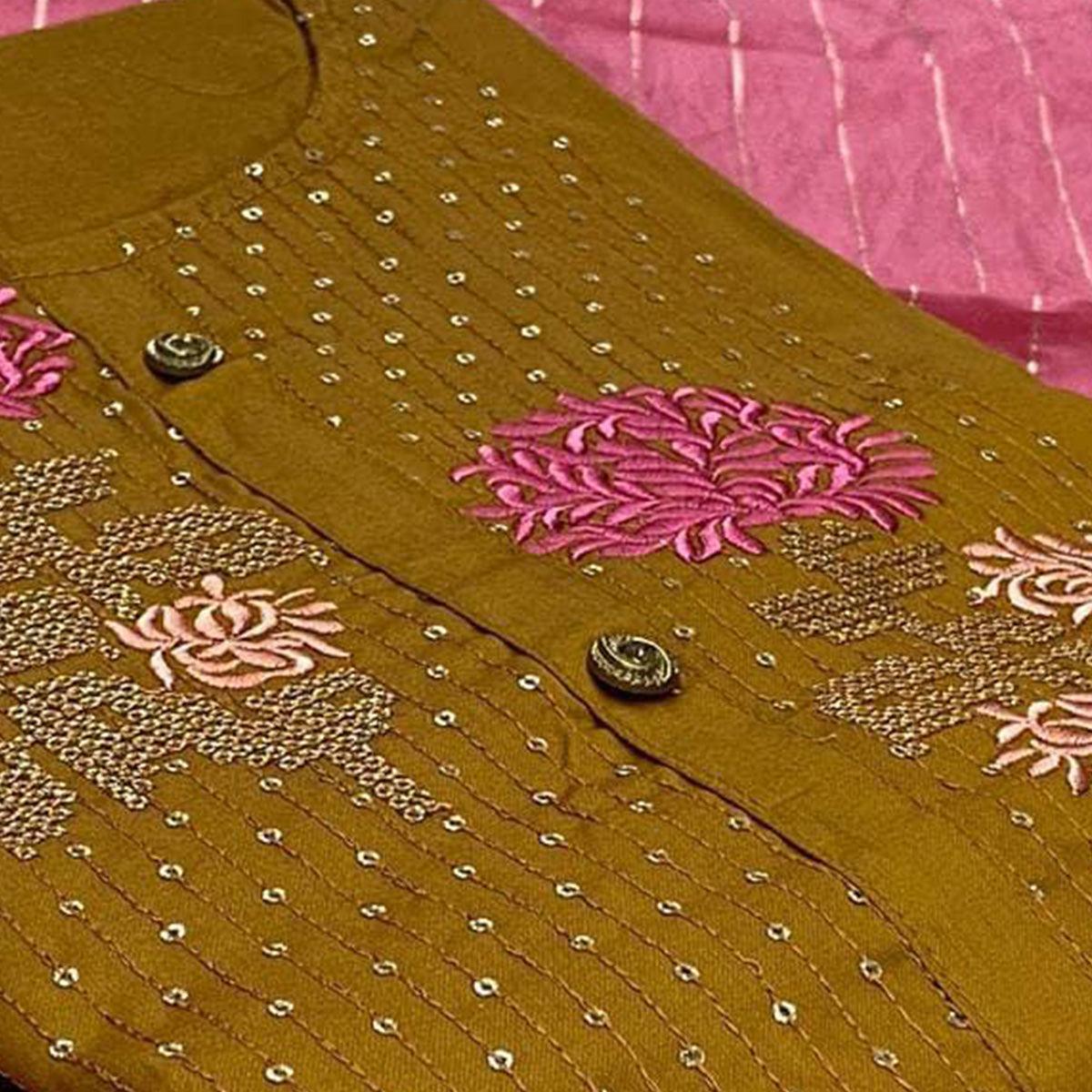 Exclusive Mustard Yellow Colored Casual Embroidered Cotton Dress Material