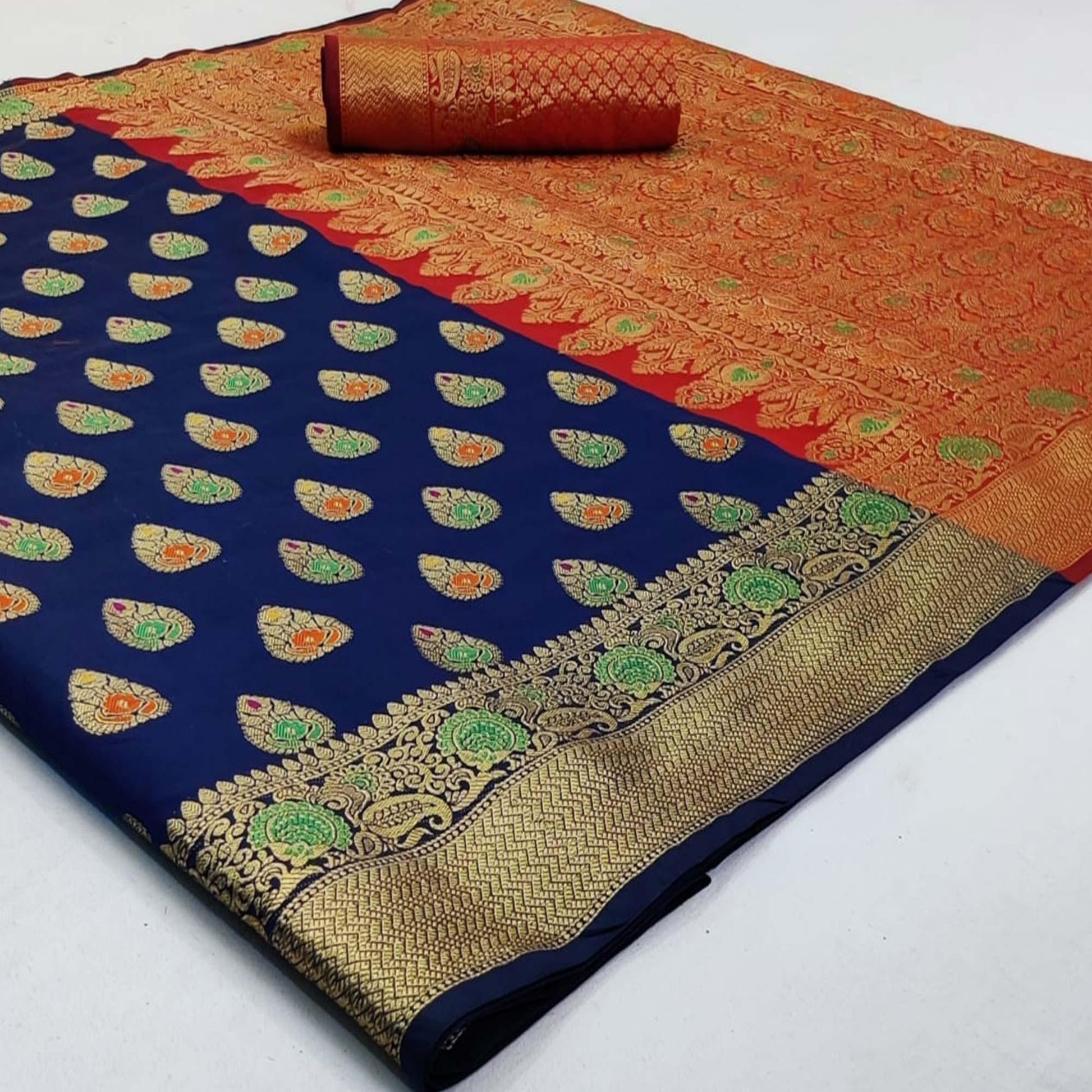 Exclusive Navy Blue Colored Festive Wear Woven Silk Saree