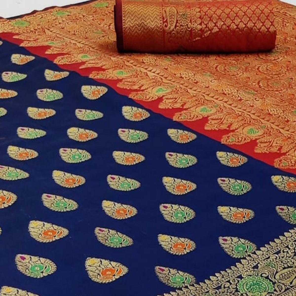 Exclusive Navy Blue Colored Festive Wear Woven Silk Saree