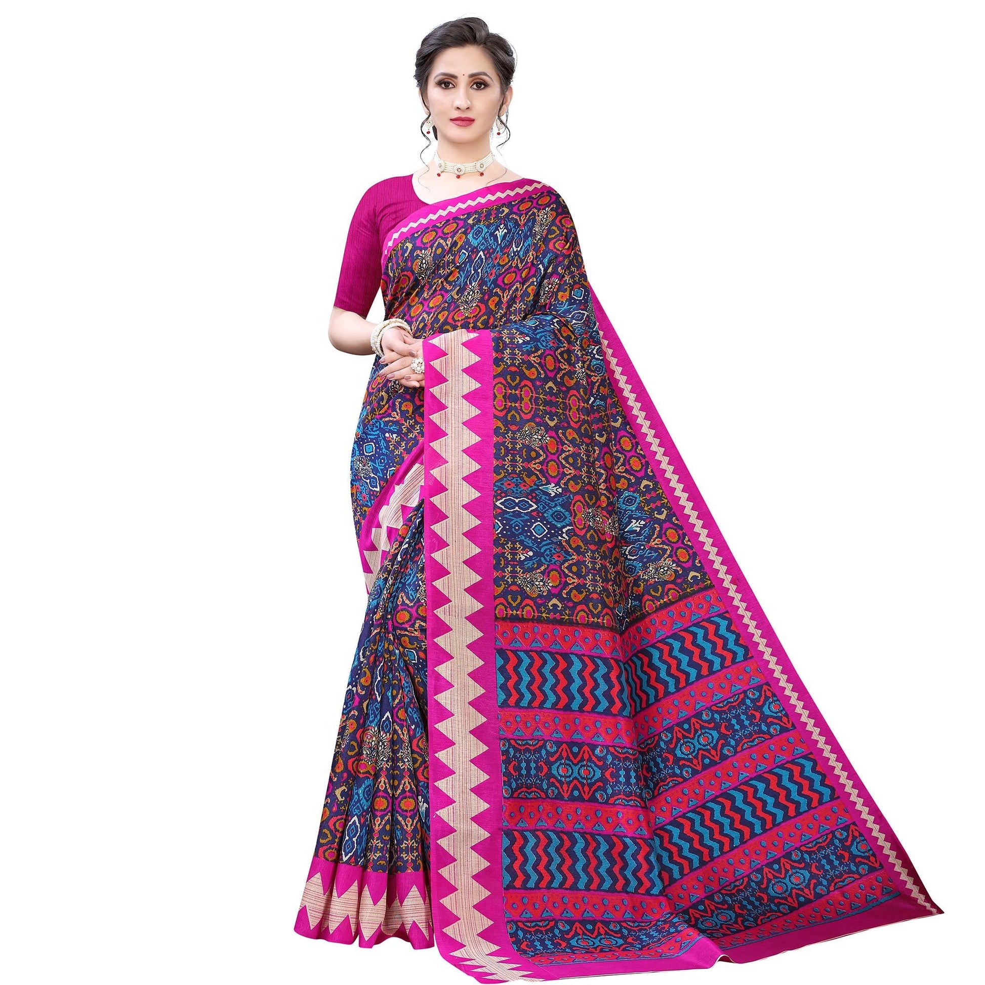 Exclusive Navy Blue - Pink Colored Casual Wear Printed Art Silk Saree