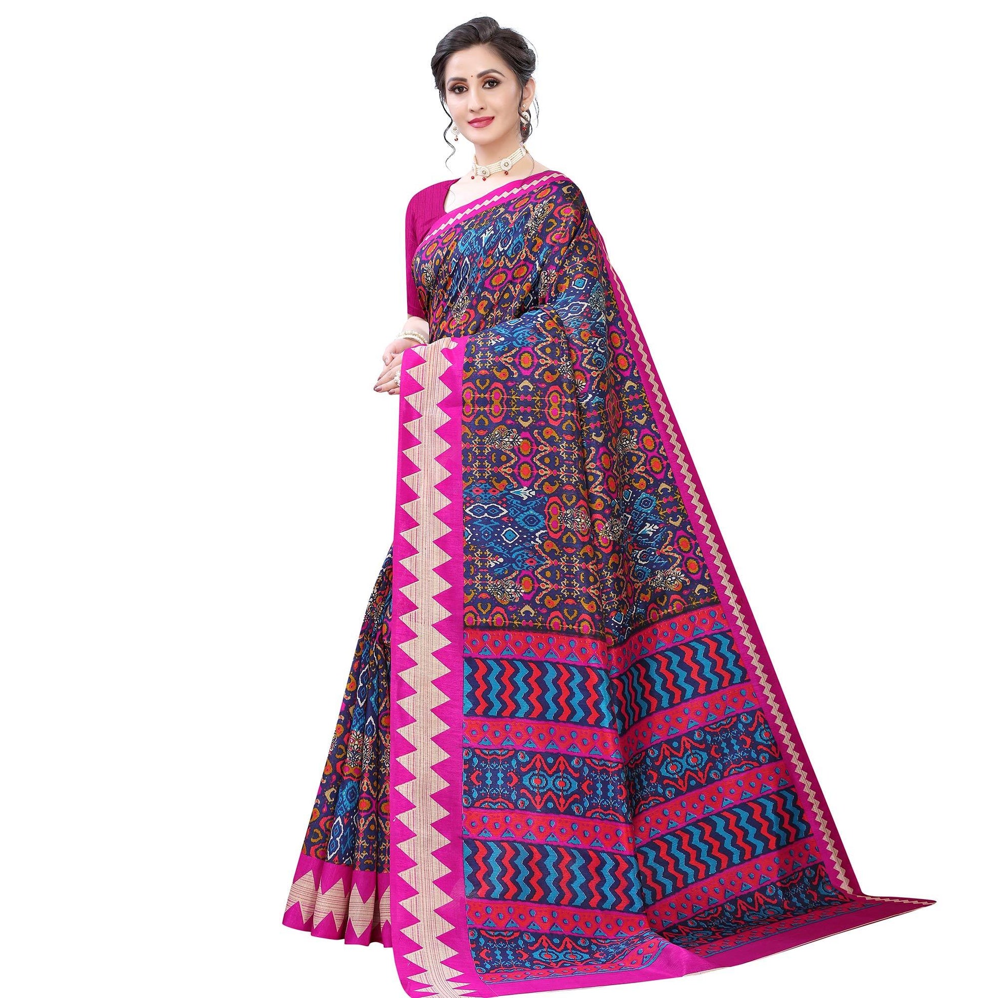 Exclusive Navy Blue - Pink Colored Casual Wear Printed Art Silk Saree