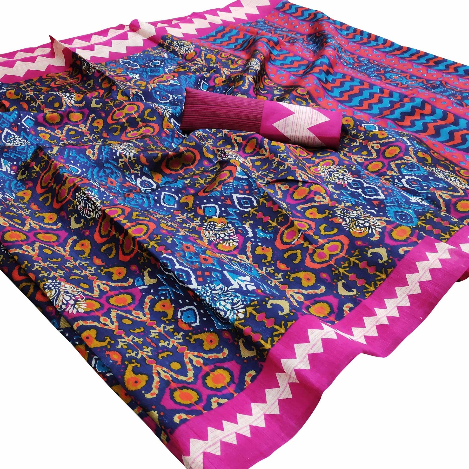 Exclusive Navy Blue - Pink Colored Casual Wear Printed Art Silk Saree