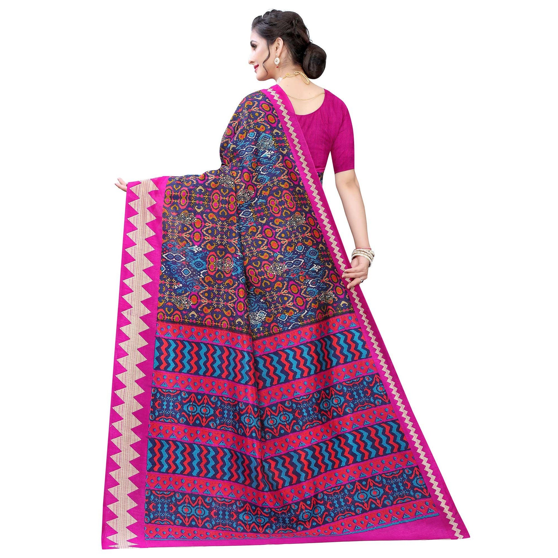 Exclusive Navy Blue - Pink Colored Casual Wear Printed Art Silk Saree