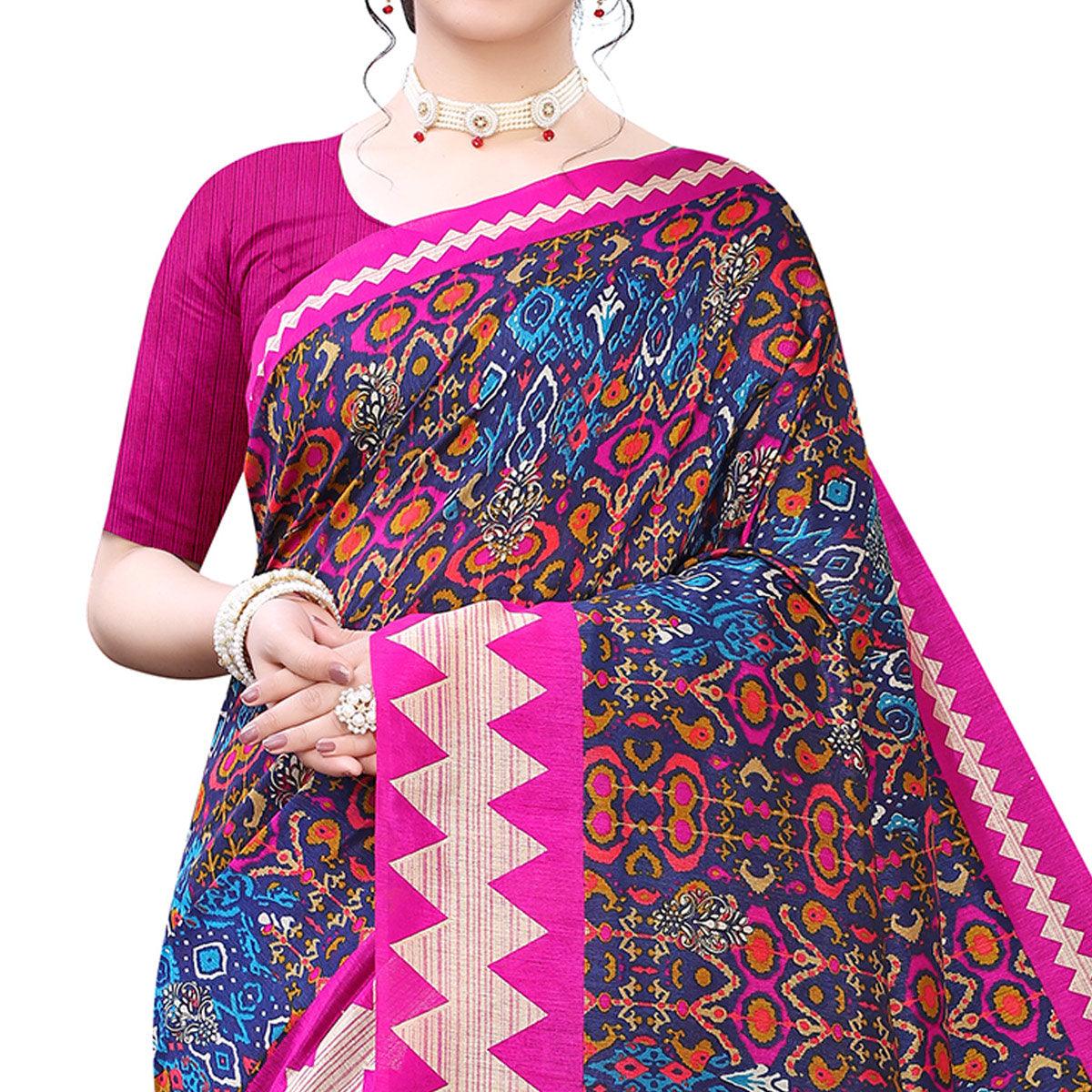 Exclusive Navy Blue - Pink Colored Casual Wear Printed Art Silk Saree
