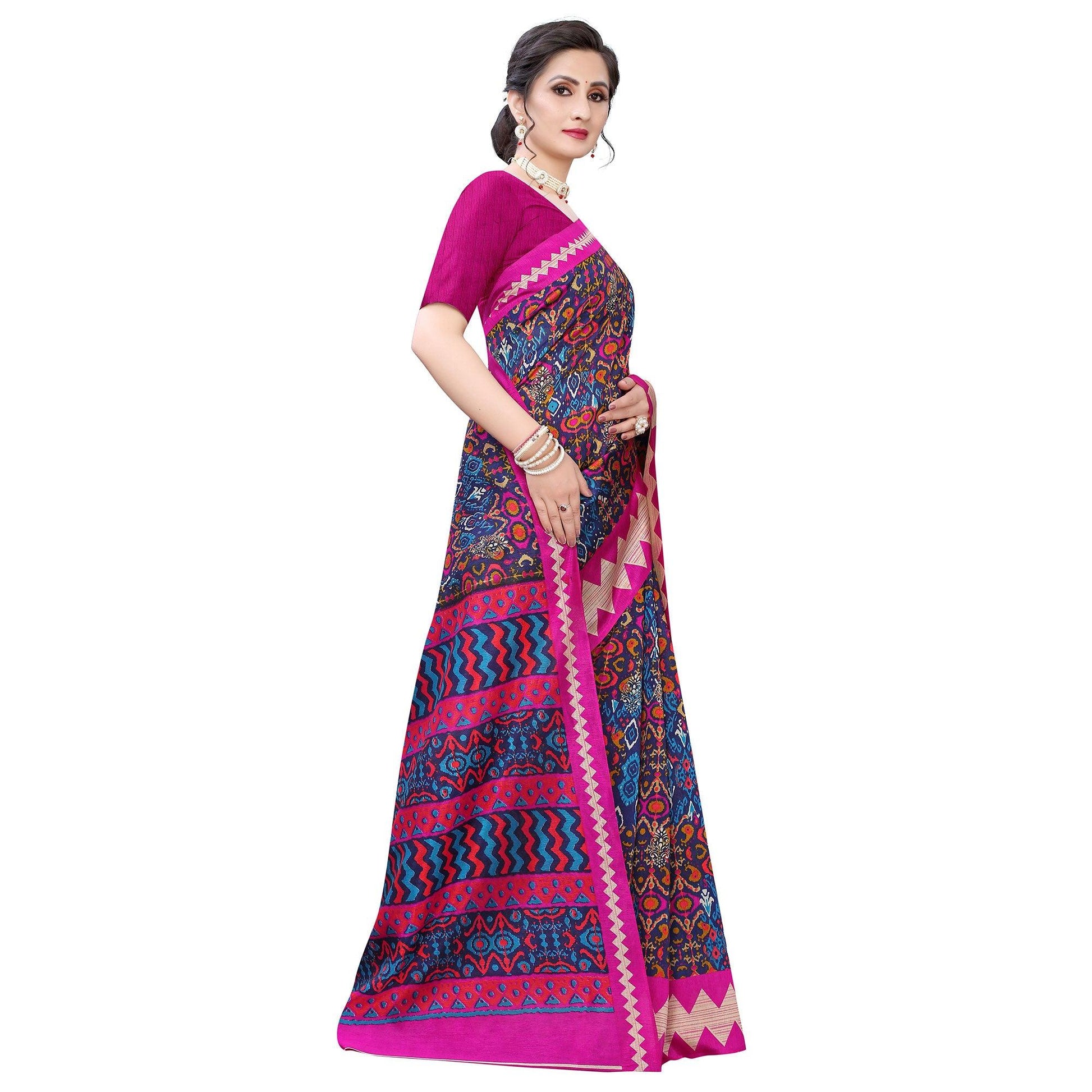 Exclusive Navy Blue - Pink Colored Casual Wear Printed Art Silk Saree