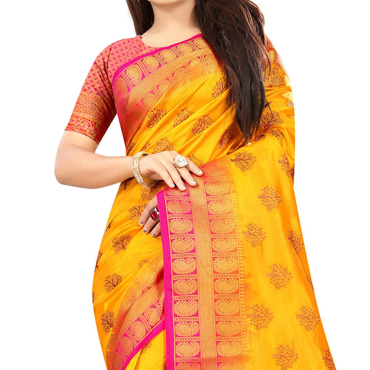 Exclusive Orange Colored Festive Wear Woven Art Silk Saree