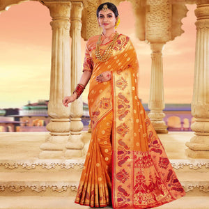 Exclusive Orange Colored Festive Wear Woven Silk Saree