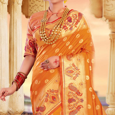 Exclusive Orange Colored Festive Wear Woven Silk Saree