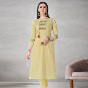Exclusive Pastel Yellow Colored Partywear Embroidered Viscose Kurti