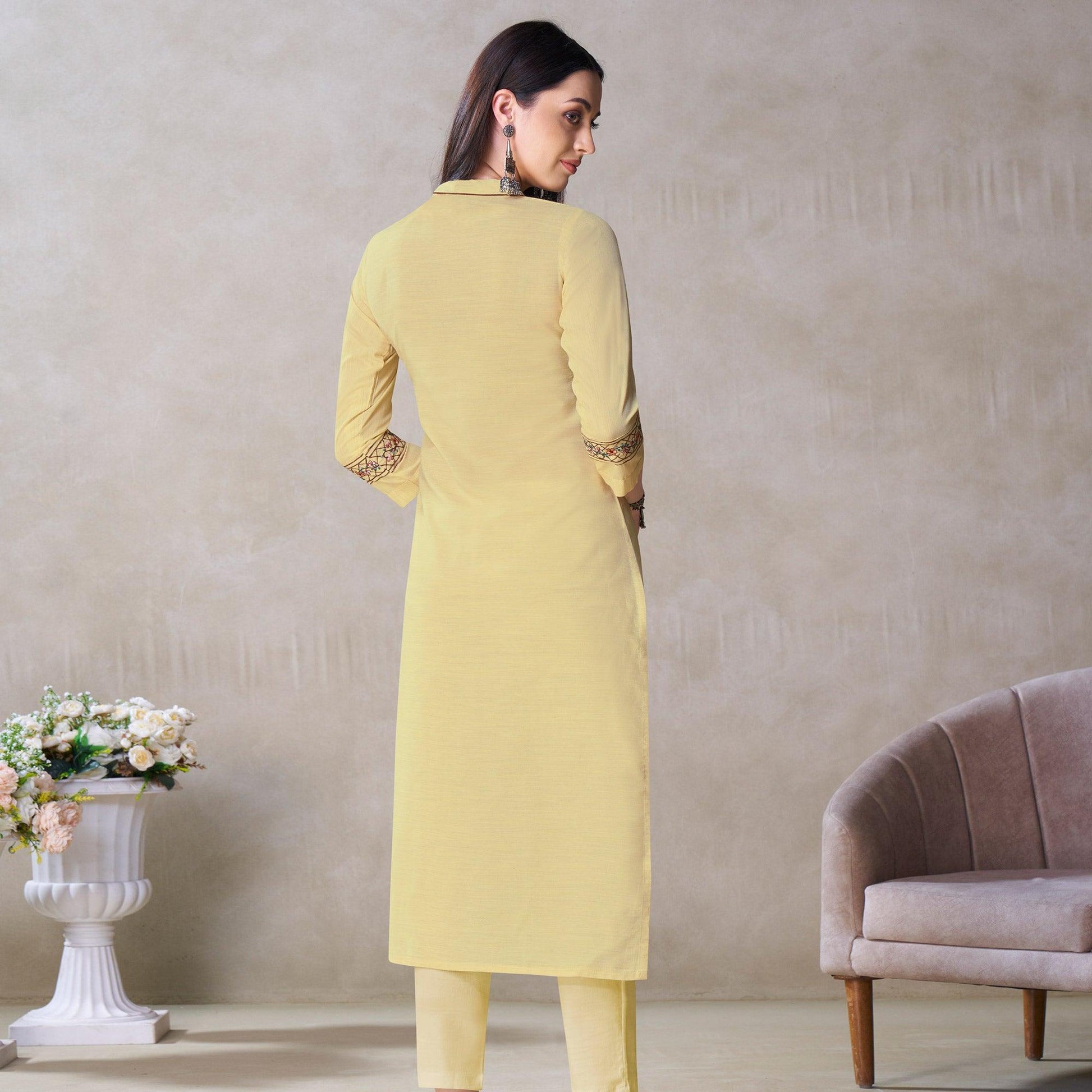 Exclusive Pastel Yellow Colored Partywear Embroidered Viscose Kurti
