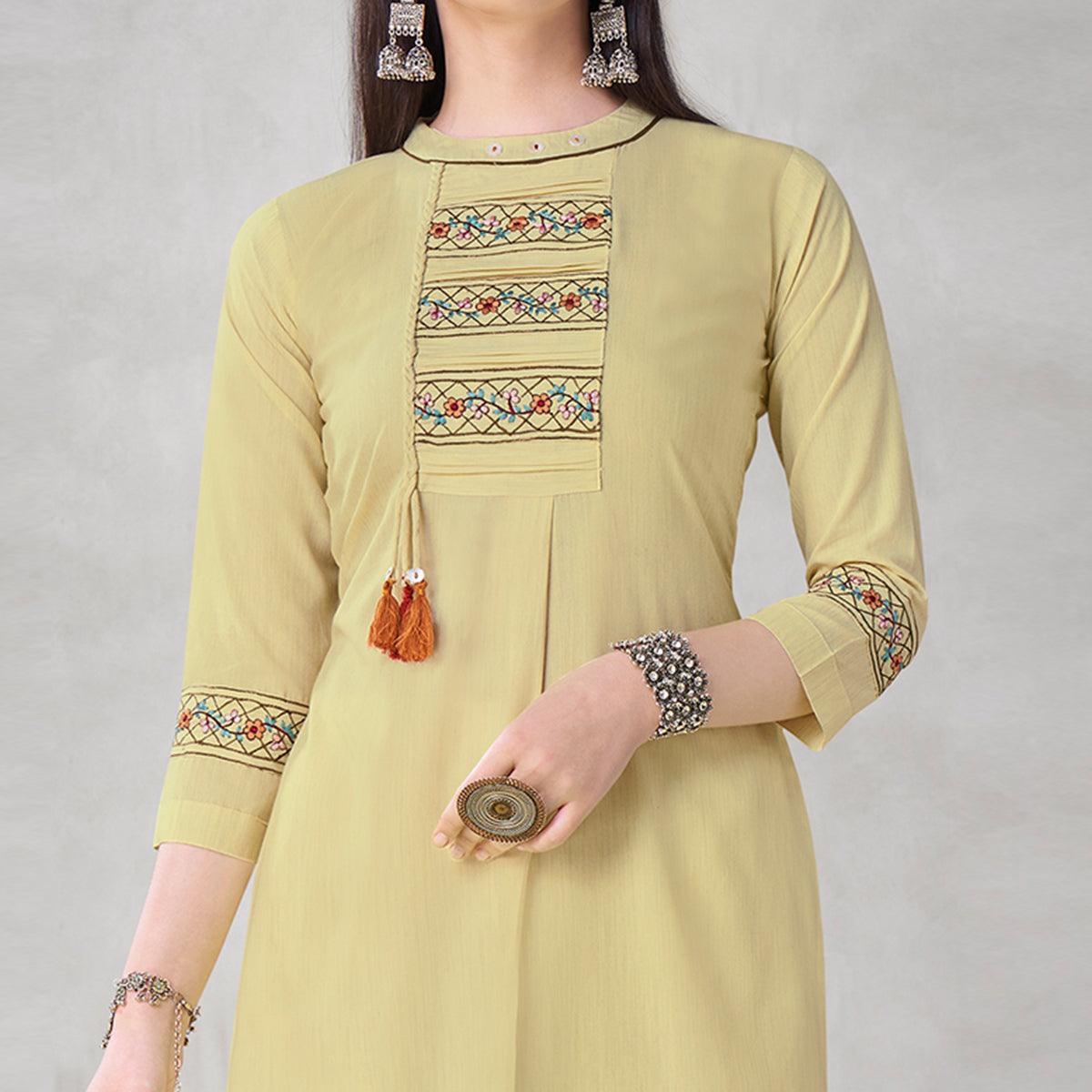 Exclusive Pastel Yellow Colored Partywear Embroidered Viscose Kurti