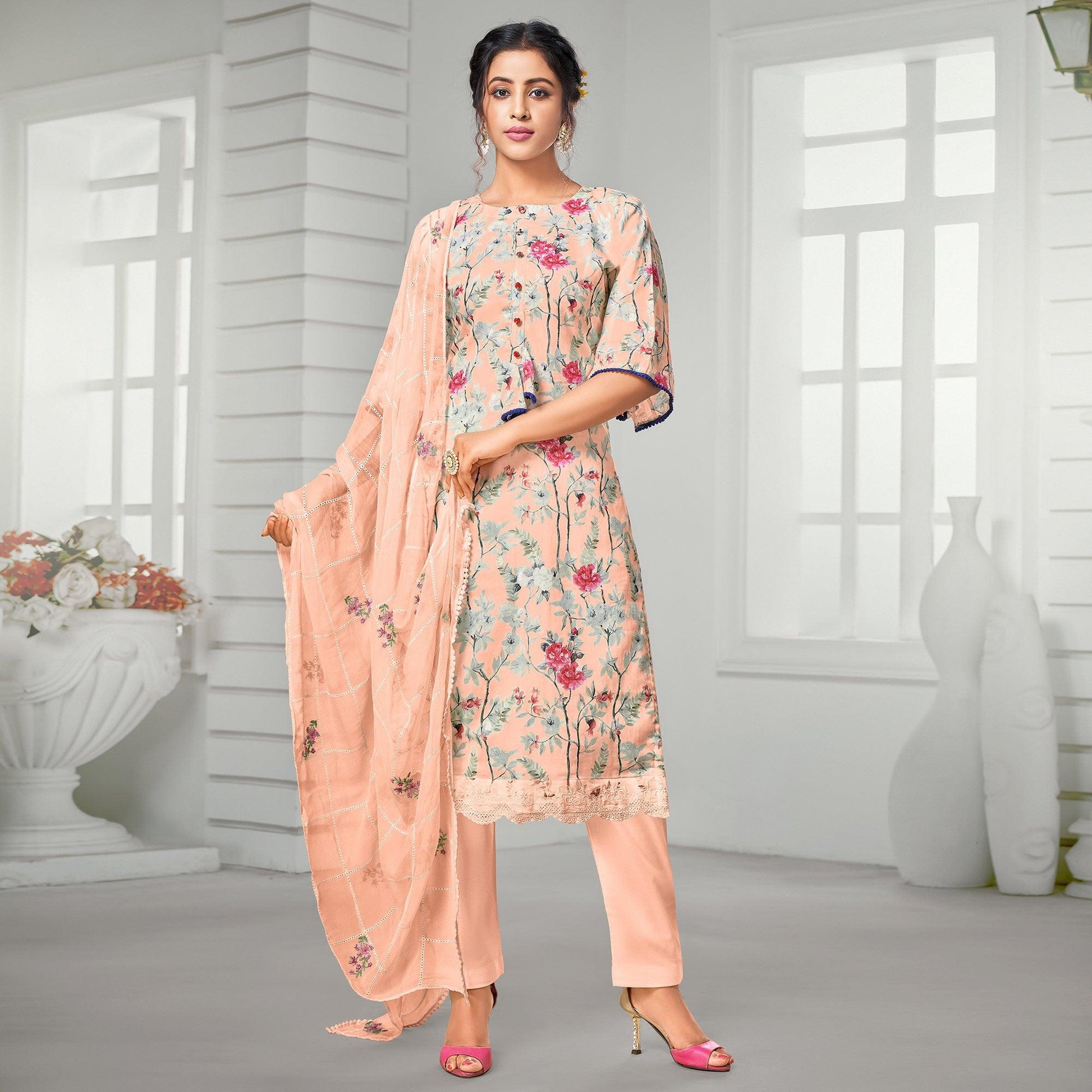 Exclusive Peach Colored Casual Wear Digital Printed Cotton Dress Material