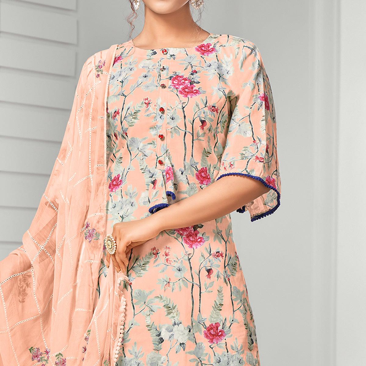 Exclusive Peach Colored Casual Wear Digital Printed Cotton Dress Material