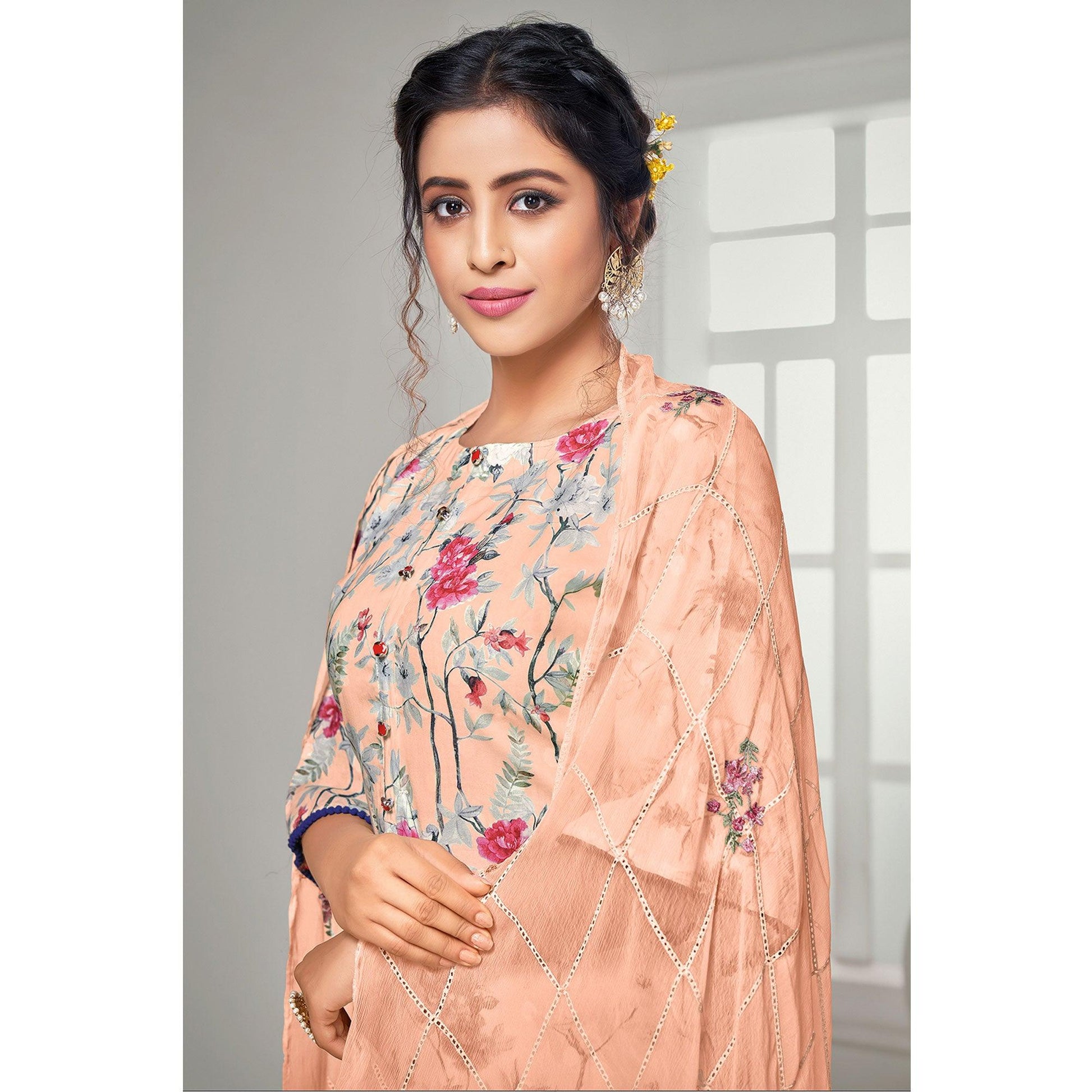 Exclusive Peach Colored Casual Wear Digital Printed Cotton Dress Material