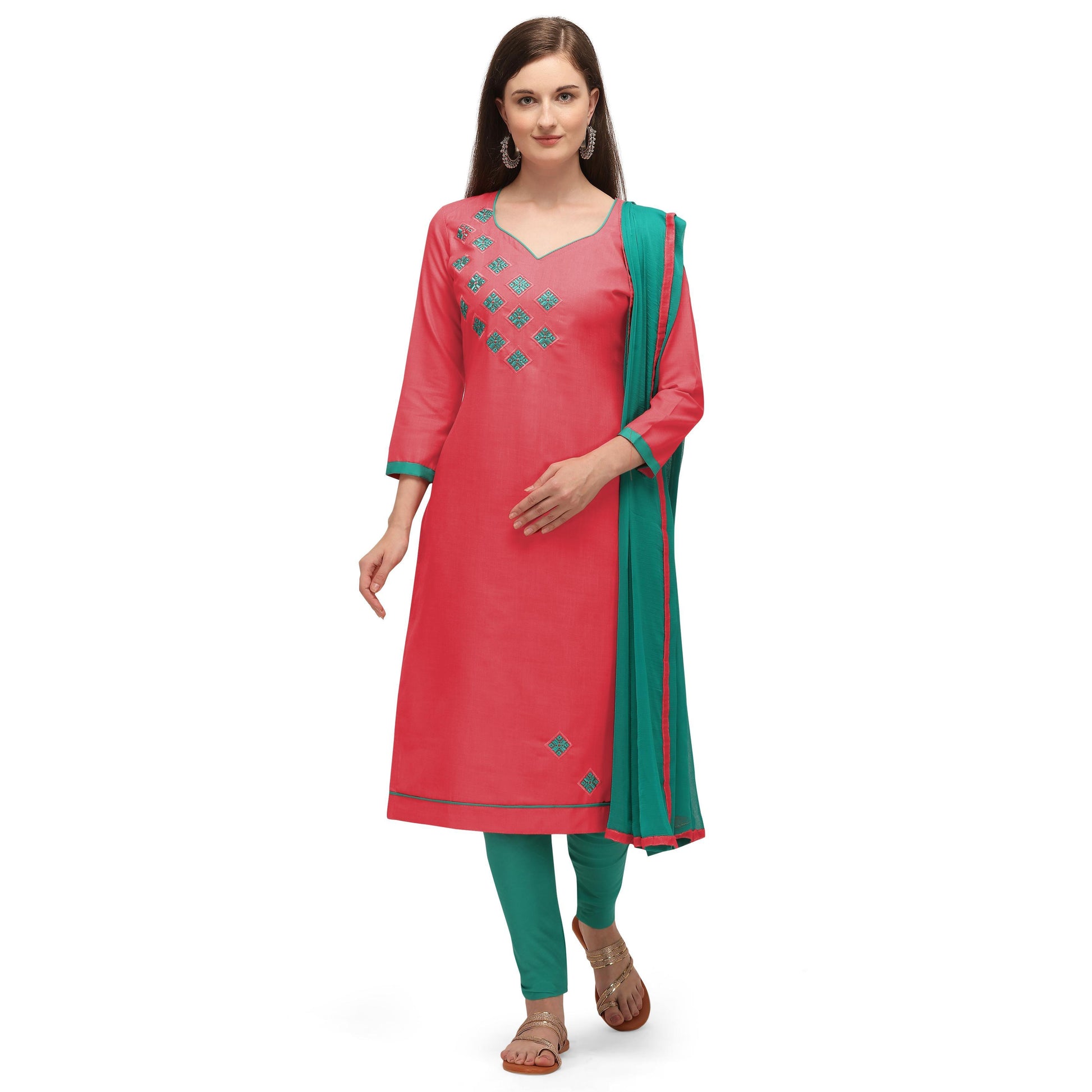 Exclusive Peach Coloured Embroidered Casual Wear Cotton Dress Material