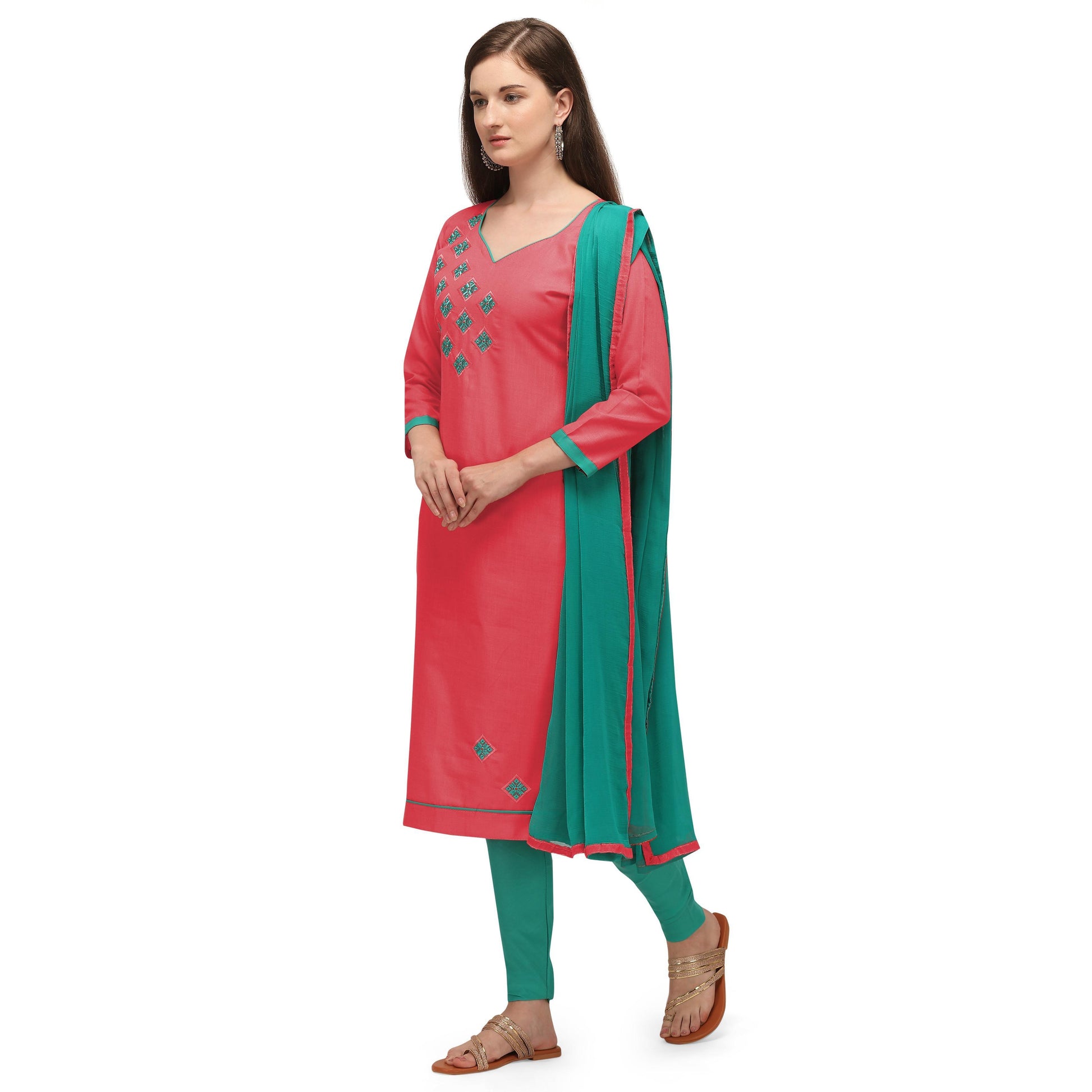 Exclusive Peach Coloured Embroidered Casual Wear Cotton Dress Material