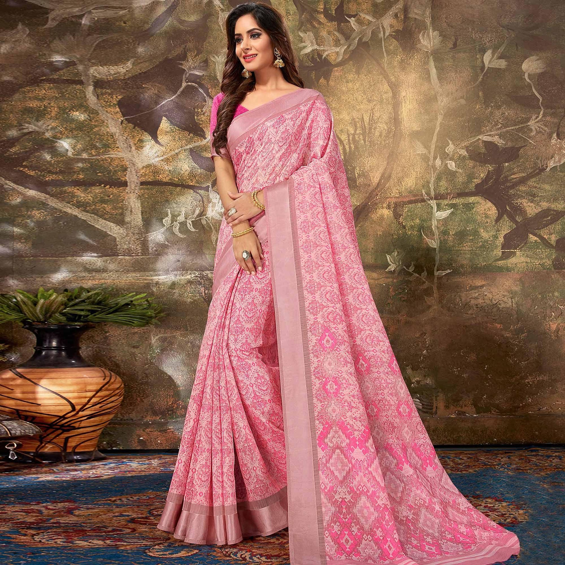 Exclusive Pink Colored Casual Wear Printed Cotton Saree