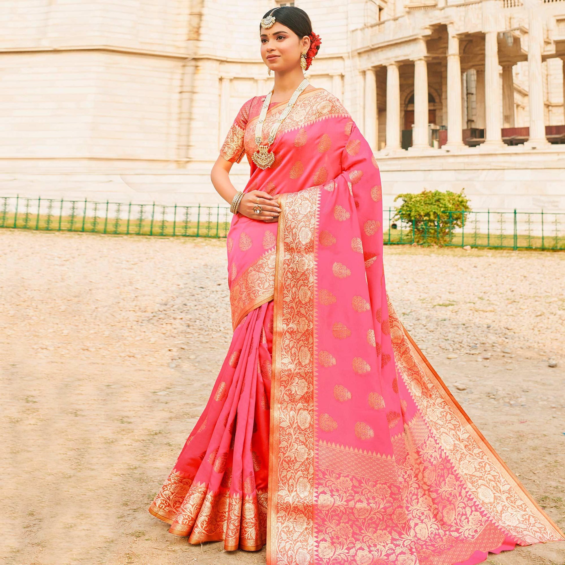Exclusive Pink Colored Festive Wear Woven Silk Sareee
